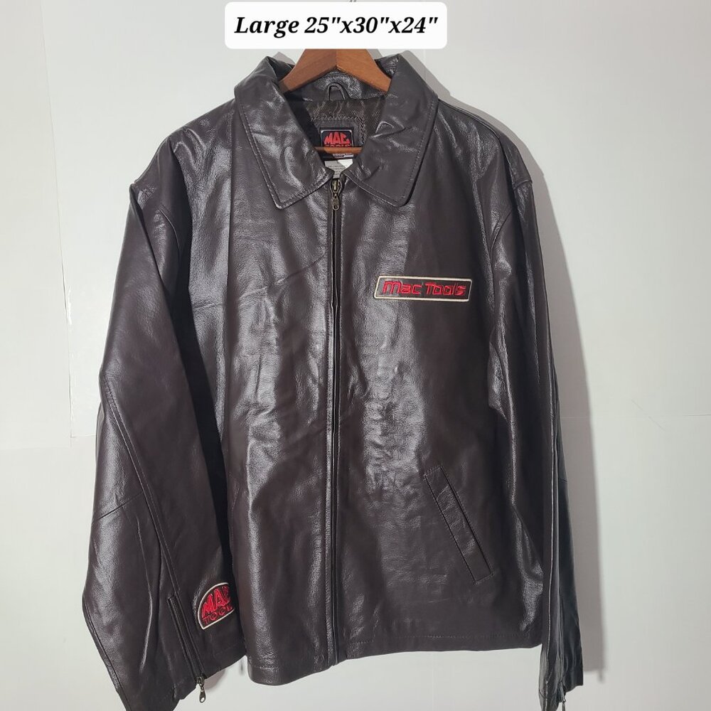 Mac Tools Mens Brown Embroidered Logo Full Zip Leather Jacket Size Large EUC